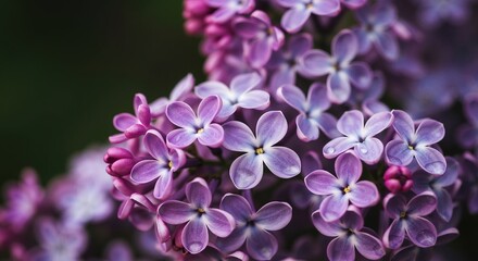 A macro close-up of purple lilac flowers in full bloom. Springtime floral background with selective focus. Fresh blossoms in a garden setting