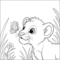 Adorable Cartoon Lion Cub with Butterfly on Nose in Grassy Field