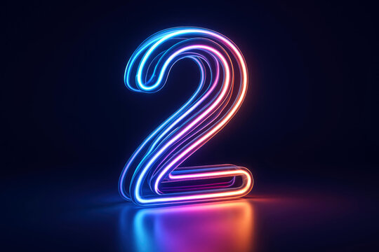 Neon Number Two Glowing with Blue and Pink Light on Dark Reflective Surface 