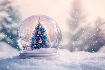 Miniature decorated evergreen inside a glass sphere sits upon fresh snow outdoors during snowfall