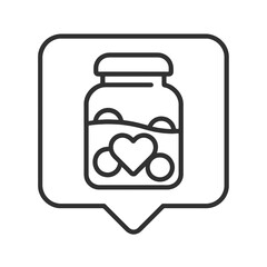 Thin line donation jar icon inside square pin, black vector symbol representing charity, kindness, and financial assistance.