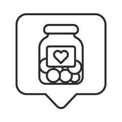 Minimalist charity jar icon in a square location marker, black outline vector for social giving, volunteer, and fundraising design.