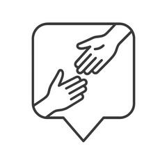 Minimalist two hands reaching icon in a square location marker, black outline vector for donation, volunteer work, and community support.