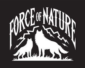 Two wolves standing under lightning bolts and text