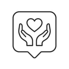 Obraz premium Thin line hands holding heart icon inside square pin, black vector symbol representing charity, love, and humanitarian assistance.