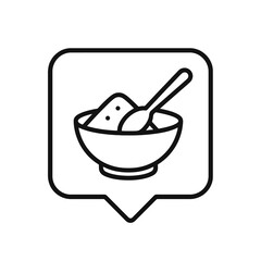 Thin line bowl with spoon icon inside square pin, black vector symbol representing dietary supplements, vitamins, and nutrition products.
