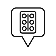 Minimalist pill blister icon in a square location marker, black outline vector for dietary supplements, wellness, and healthcare design.