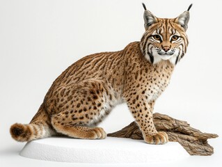 Obraz premium Bobcat taxidermy mount, standing, brown fur, black-tipped ears, on white display