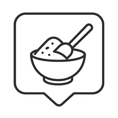 Minimalist powder bowl icon in a square location marker, black outline vector for health, fitness, and wellness supplement branding.