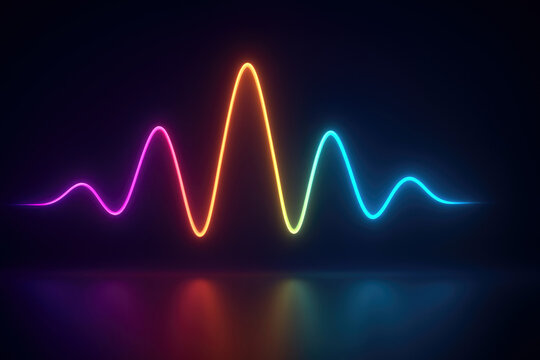 Neon sound wave equalizer with rainbow glowing lines and reflection audio music