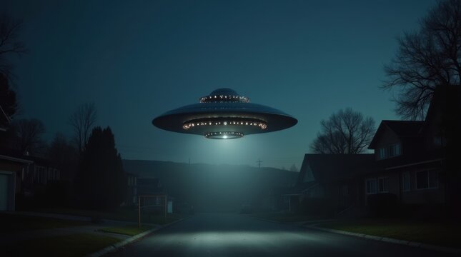 A classic silver flying saucer UFO hovering silently over a suburban neighborhood at night
