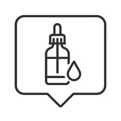 Thin line dropper bottle icon inside square pin, black vector symbol representing liquid vitamins, supplements, and wellness products.
