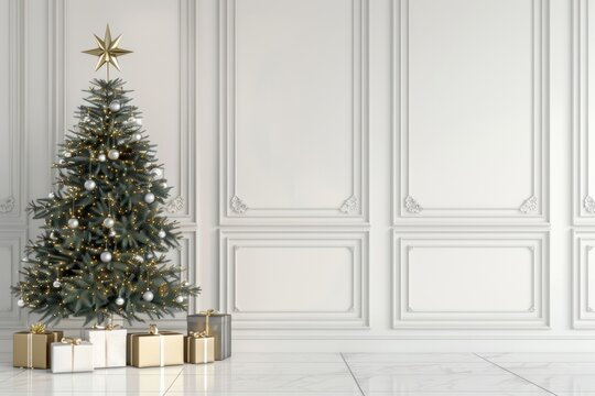 White wall with a Christmas tree christmas minimalist interior.