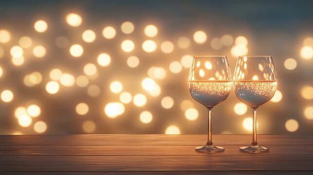 Two glasses of sparkling wine on a wooden table with festive bokeh lights - Powered by Adobe