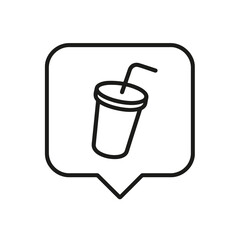 Minimalist soft drink cup icon in a square location marker, black outline vector for takeaway beverages, fast dining, and snack bar design.