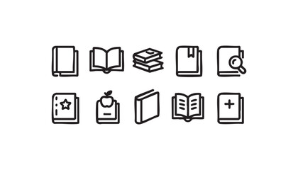 Books icon set — outline vector pack, closed, open, stack, bookmark, search, favorite, textbook, notebook, medical, education symbols
