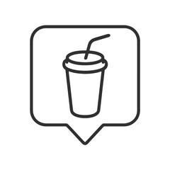 Thin line soda cup icon inside square pin, black vector symbol representing fast food, cold drinks, and restaurant beverages.