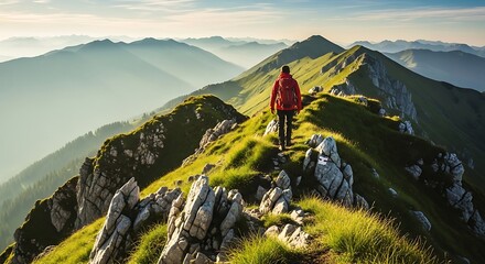 Hiker on a mountain ridge at sunrise overlooking peaks