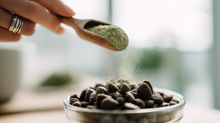 Hand Sprinkling Dental Powder onto Dry Dog Food