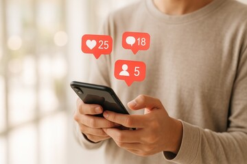 Person holding a smartphone with social media notification icons for likes comments and followers mobile phone