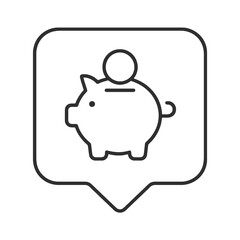 Thin line piggy bank icon inside square pin, black vector representing saving, money management, and financial planning.