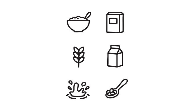 Breakfast cereal outline icons set, bowl with spoon, cereal box, wheat ear, milk carton, splash, minimal black line vector for web, app, packaging