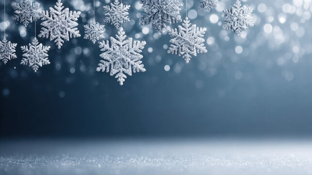 Silver snowflake decoration with bokeh lights blue background creating festive winter holiday atmosphere with sparkling glitter and soft focus