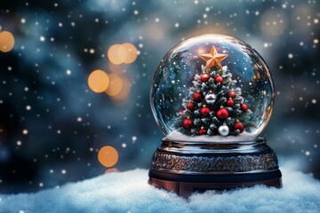 Illuminated glass sphere contains a decorated evergreen tree resting on a snowy base outdoors at night