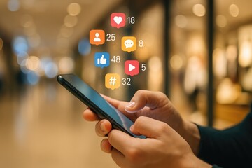 Person holding smartphone with social media icons and notifications floating above mobile phone hand