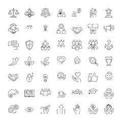 Business values and leadership icons set — outline vector pack, teamwork, ethics, trust, growth, innovation, communication, award, training, sustainability