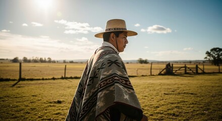 South American gaucho in a traditional poncho walking through a rural field. Authentic cultural heritage and countryside lifestyle at golden hour