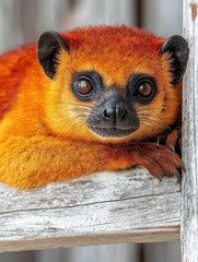 Obraz premium Close-up of a golden-crowned sifaka lemur with brown eyes on aged wood