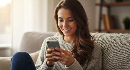 Smiling young woman using a smartphone while relaxing on a sofa at home. Happy female browsing the internet in a cozy living room. Modern technology and communication concept