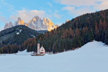 Panoramic view of alpine Village Santa Maddalena in Val di Funes, Dolomite Alps, Italy