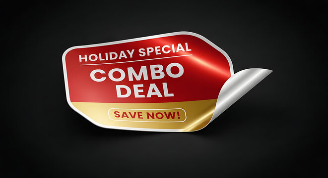 Holiday special combo deal sticker with a peel effect on a black background, perfect for promoting seasonal discounts and offers to attract customers and boost sales