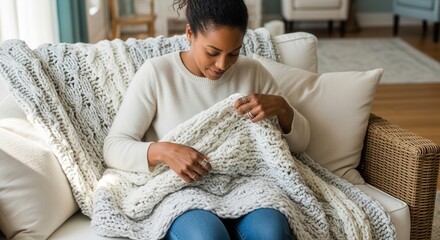A woman relaxing on a sofa with a cozy chunky knit blanket. African American person enjoying comfort at home in a living room
