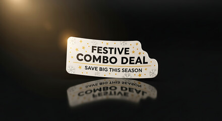 A festive combo deal sticker with the words festive combo deal and save big this season on a black reflective surface with a light flare in the upper left corner