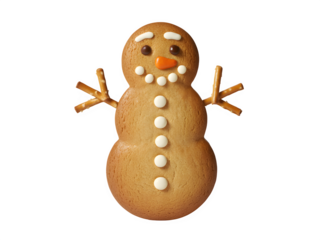 Cute gingerbread man cookie decorated as a snowman with white icing and candy isolated on transparent background