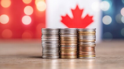 Stacks of coins shine against the backdrop of the Canadian flag, illustrating financial growth and investment opportunities in Canada