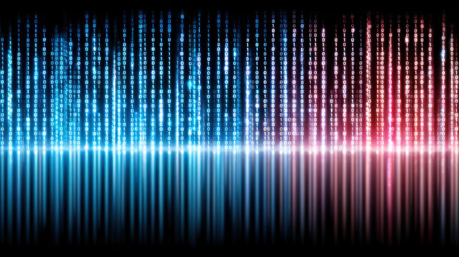 Futuristic digital binary code background with glowing blue and pink light reflections creating vibrant cyber technology atmosphere