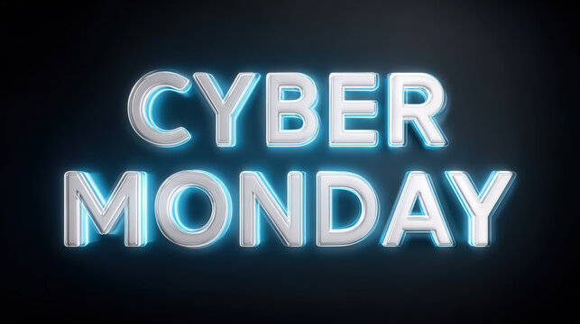 Cyber Monday glowing neon text on dark background with futuristic high tech style for online shopping sale event