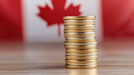 Stacked coins reflect Canadian economy with flag symbolizing financial growth and stability