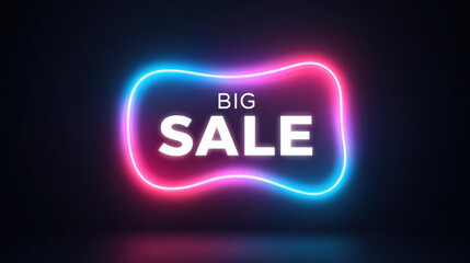 Big sale neon glowing sign with vibrant pink and blue colors on dark background, futuristic style for promotional event or discount offer