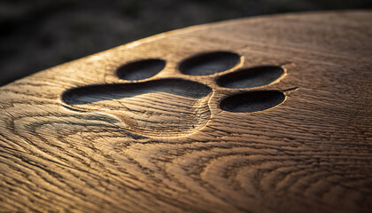 Close-up of a deeply carved paw print impression in a textured wooden surface, illuminated by warm light.