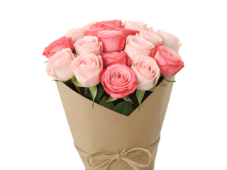 A beautiful bouquet of pink and white roses artfully arranged and wrapped in brown paper with a twine bow isolated on transparent background