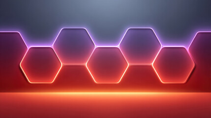 Neon glowing hexagon shapes with futuristic purple and orange light on dark background creating vibrant cyber style design