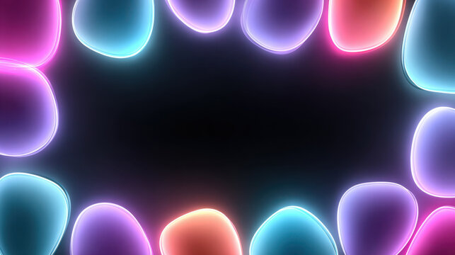 Neon glowing abstract shapes frame black background with vibrant blue, pink, purple, and orange colors creating futuristic and dynamic atmosphere