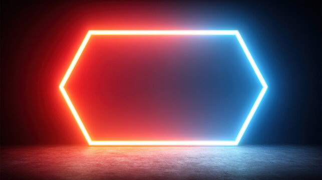Neon glowing hexagon shape with red and blue light on dark background creating futuristic and vibrant atmosphere - Powered by Adobe