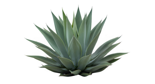 Close up of a spiky blue green agave plant with sharp leaves against a black background
