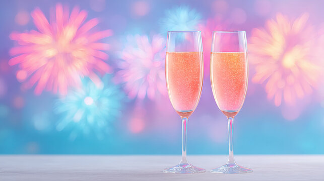 Two glasses of sparkling drink with colorful fireworks in background creating festive and joyful celebration atmosphere